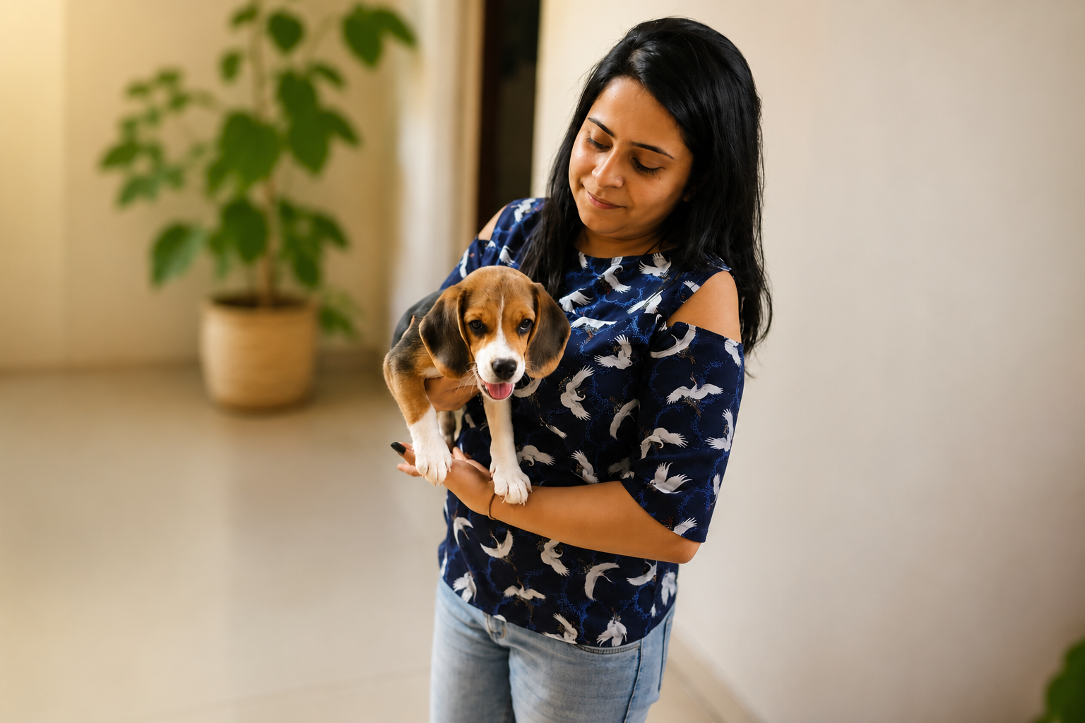 Payal holding a beagle puppy