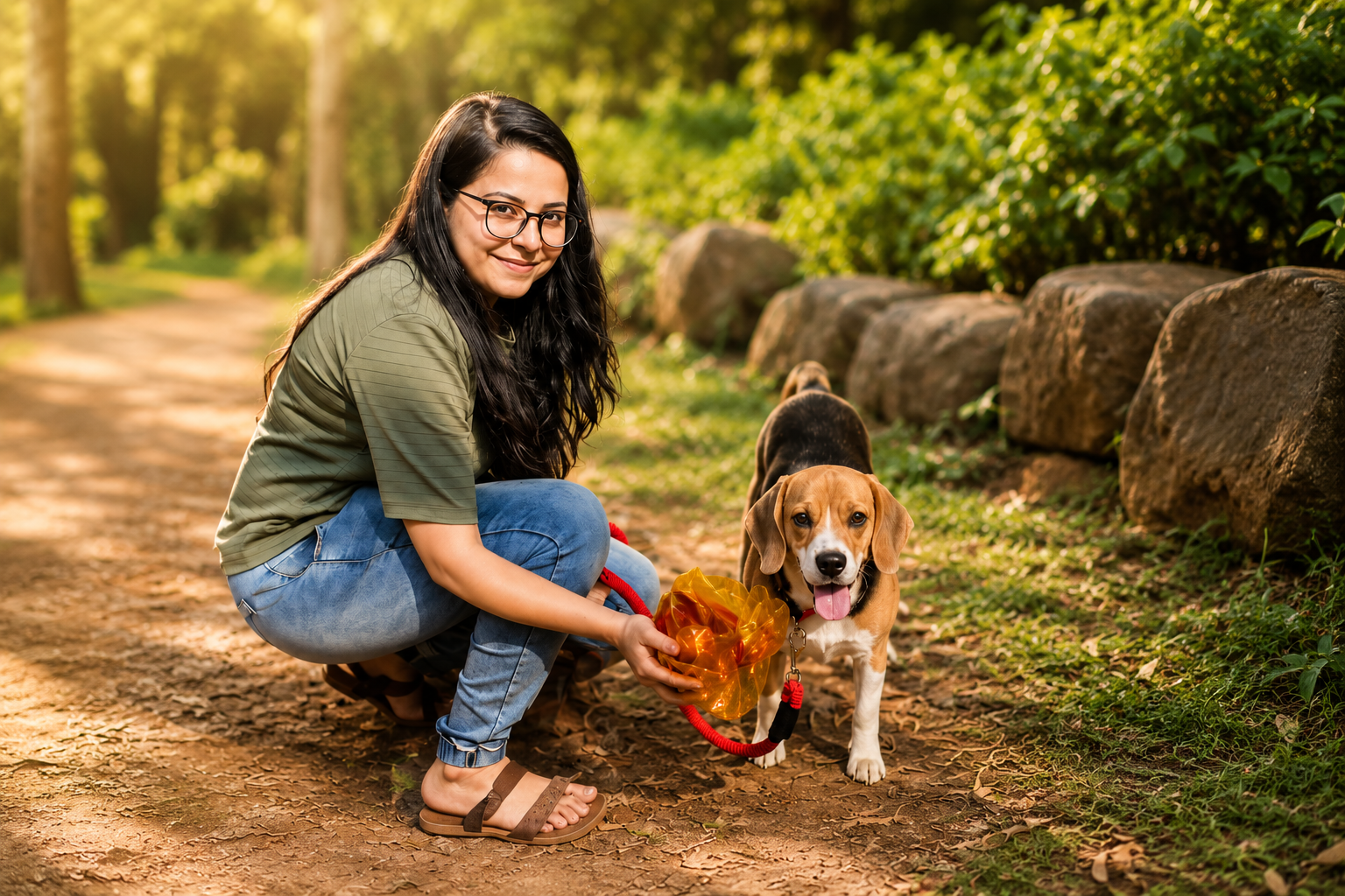 Payal with a beagle on a forest path at golden hour